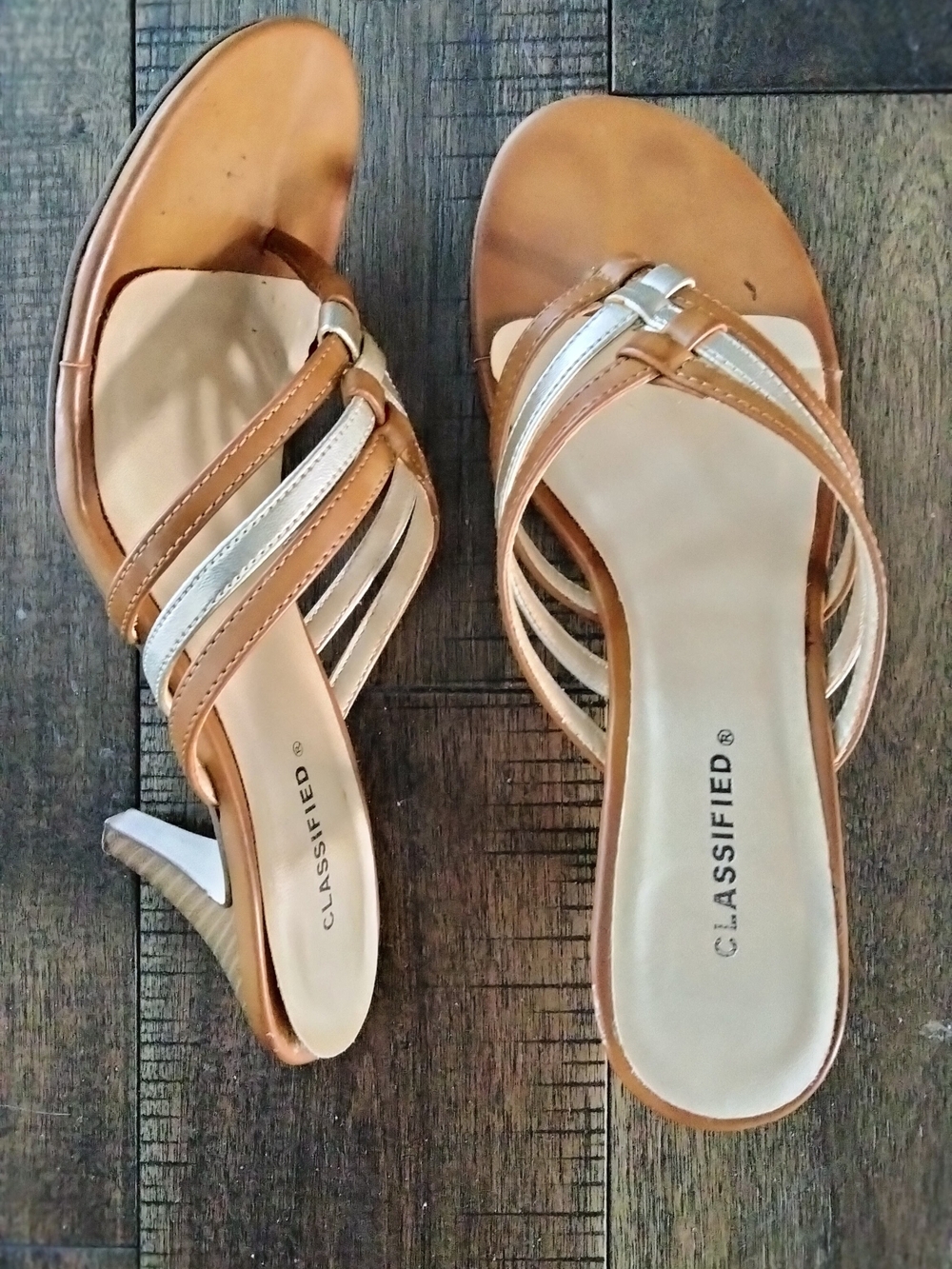 CLASSIFIED Tan and Silver Strappy Mid-Heel Mules